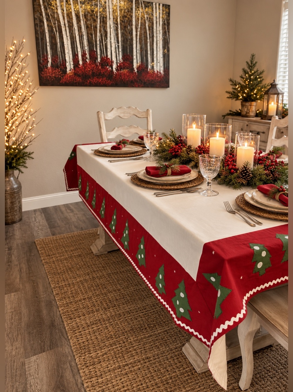 Potter Barn Kids Tablecloth 70x90 Ric-rac Christmas Tree Appliqué‎
